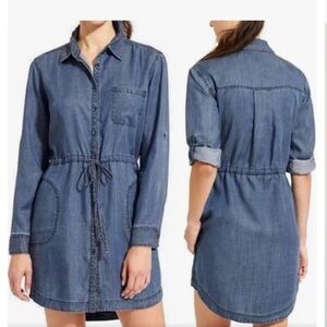 Athleta Candid Chambray Small Tencel Lyocell Button Down Shirt Dress Pockets